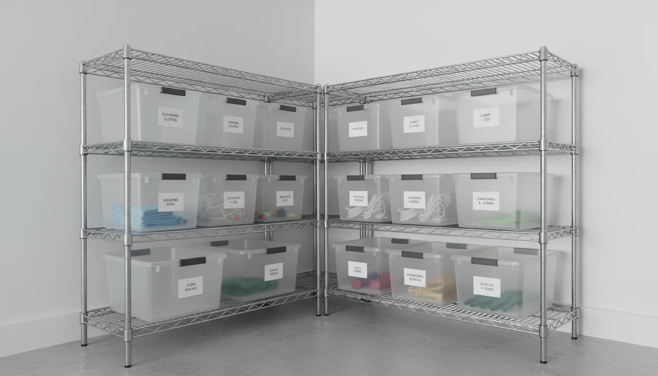 Eye-level view of a chrome wire shelving unit in a brightly lit garage, holding clear labeled bins of household supplies.
