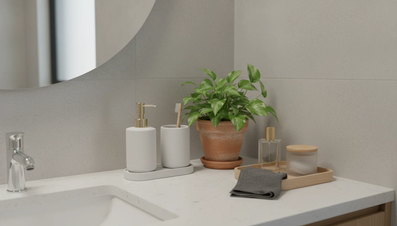A clean bathroom vanity with a matching white ceramic soap dispenser and toothbrush holder, a small pothos plant in a terracotta pot, and a wooden tra