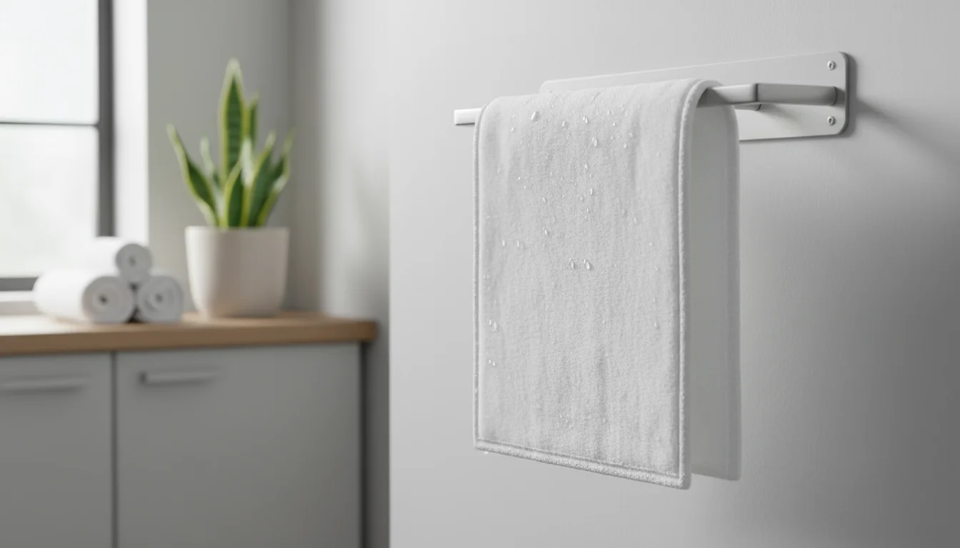 A clean, damp white microfiber mop pad hangs neatly on a modern wall-mounted drying rack in a sunlit utility room.