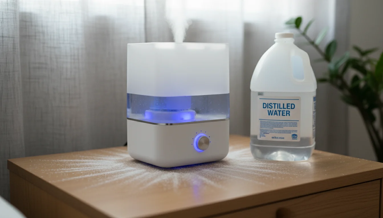 A clean humidifier sits on a wooden nightstand next to a half-full gallon jug of distilled water. Subtle white mineral dust is visible on the surface.