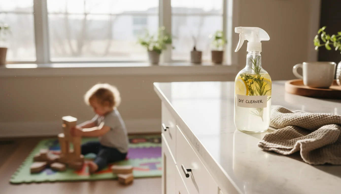 A clean kitchen counter with a natural cleaner and cloth; a child plays safely in the background, bathed in sunlight.