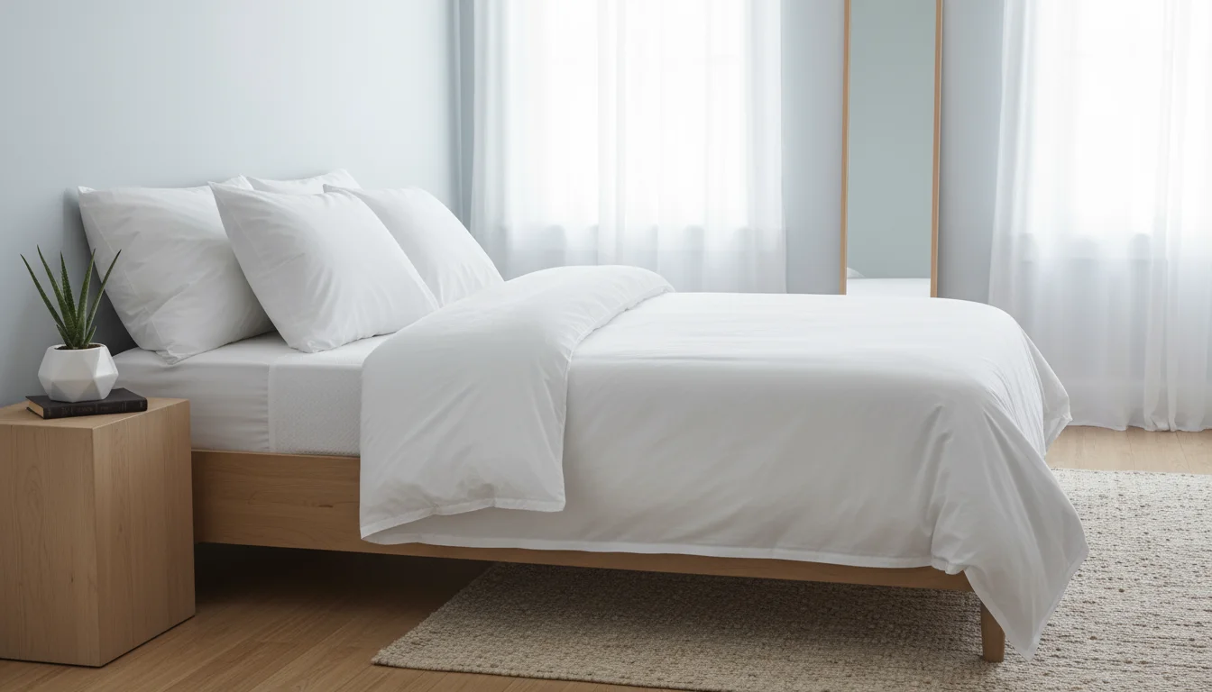 A clean, minimalist bedroom corner featuring a neatly made white bed, a simple light wood bedside table, and spotless hardwood flooring.