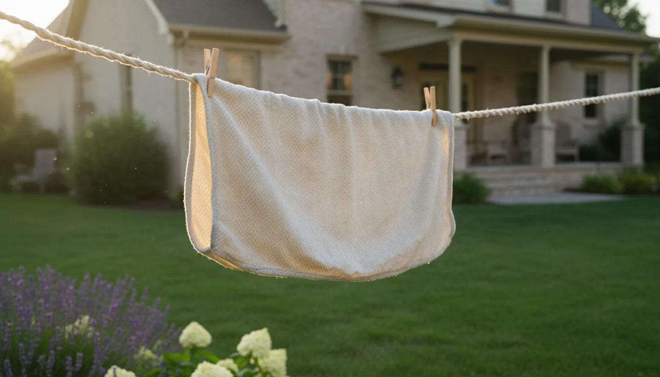 A clean, patterned dog bed cover dries on an outdoor clothesline in bright sunshine.
