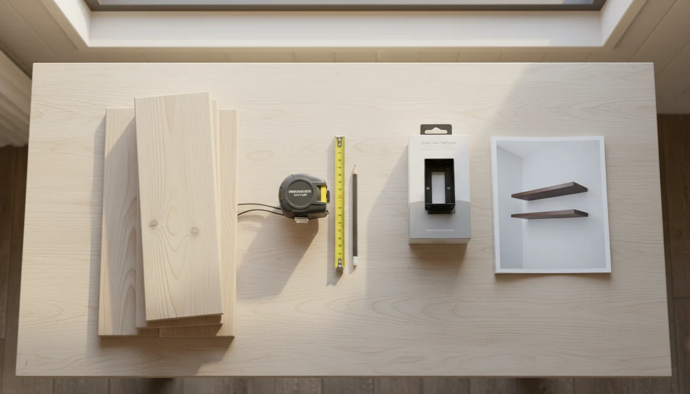 Overhead view of a clean workbench with unfinished wood for DIY, a packaged metal bracket, and a hand pointing to budget notes on a pad for wall stora