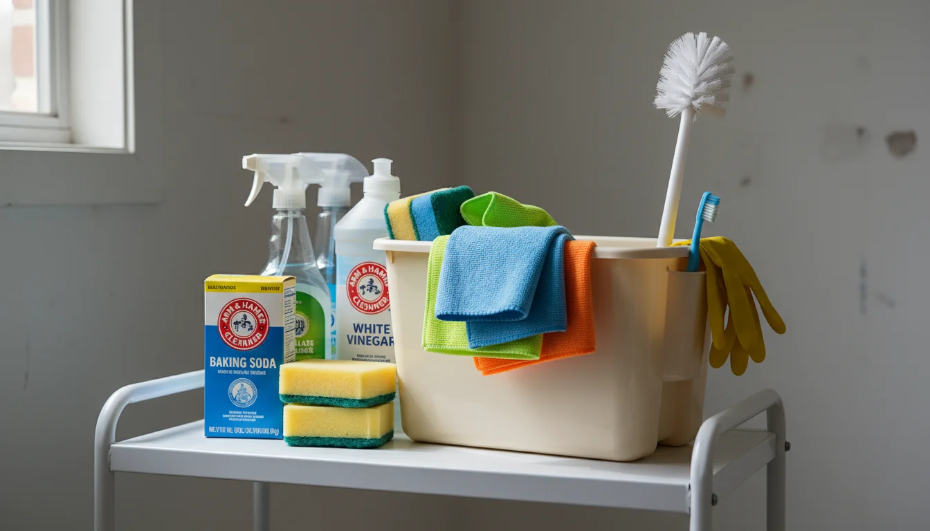 A cleaning caddy filled with basic supplies like spray bottles, cloths, and gloves, sitting on a shelf.