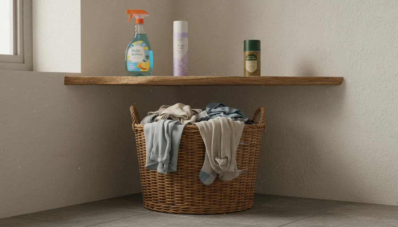 Cleaning products like spray bottles and air freshener on a shelf above an overflowing laundry basket in a utility space.