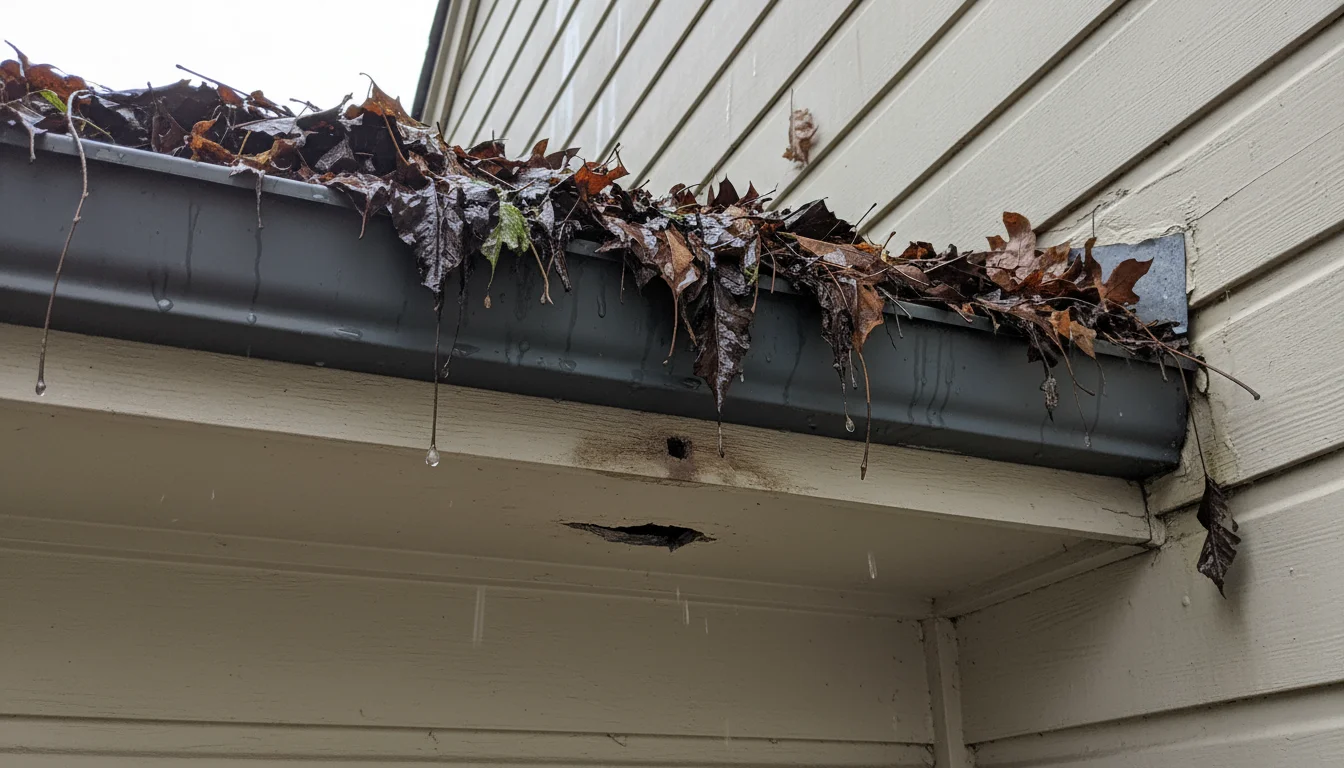 Clogged house gutter overflowing with wet leaves and debris, showing a small dark gap in the soffit below.