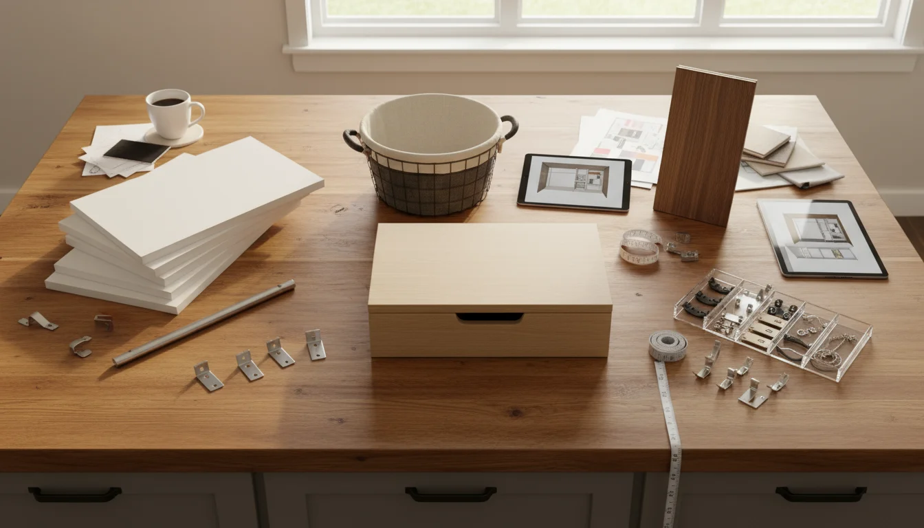 Overhead view of closet material samples: basic melamine, mid-range laminate drawer with fabric bins, high-end wood veneer with jewelry insert and LED