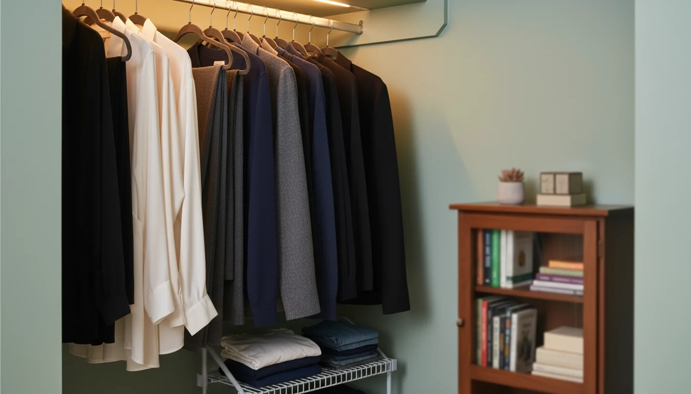 A closet rod filled with adult clothes on dark velvet slimline hangers, with a stack of old bulky plastic hangers on a shelf.