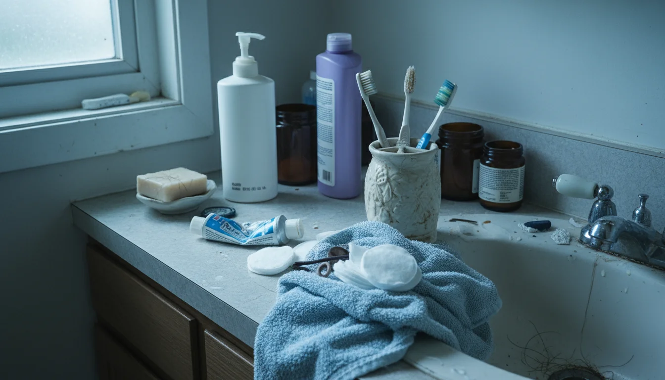 A cluttered bathroom sink counter with various half-used toiletries, a stained toothbrush holder, and a crumpled towel.