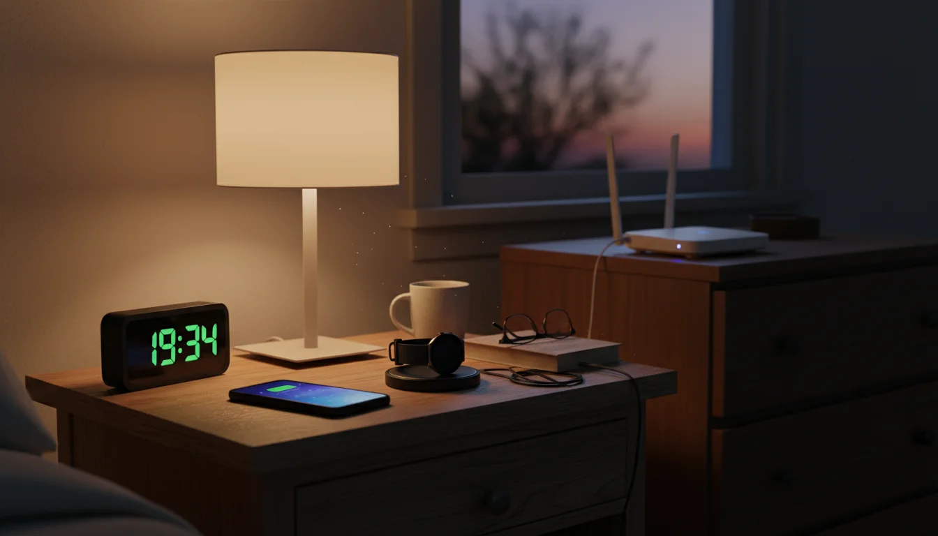 A cluttered bedside nightstand in a cozy bedroom, featuring a charging smartphone, smartwatch, and a bright digital alarm clock, with a Wi-Fi router v