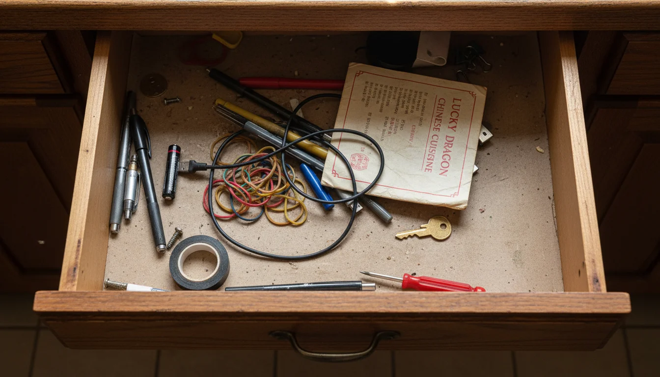 A cluttered kitchen junk drawer overflowing with miscellaneous items like pens, batteries, and small tools, with a hand about to add another item.
