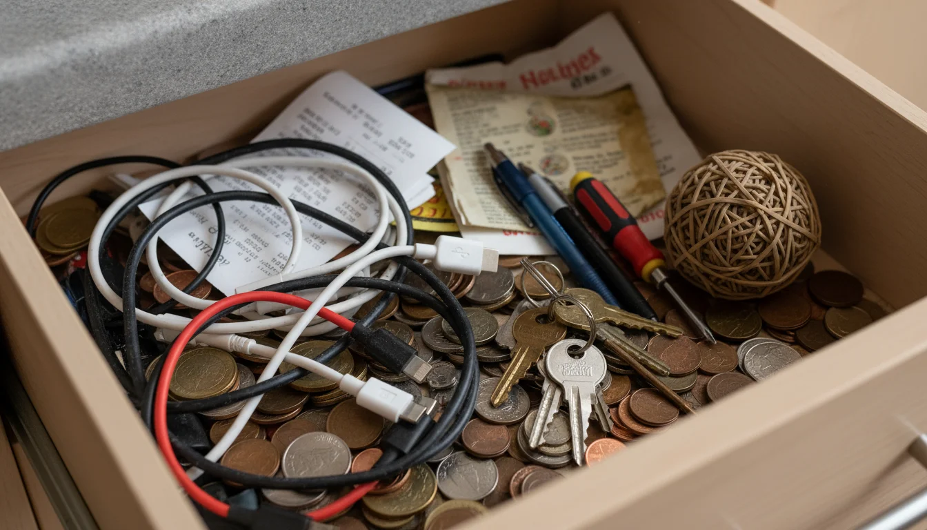 A cluttered kitchen utility drawer overflowing with tangled cables, loose change, keys, pens, and miscellaneous household items.