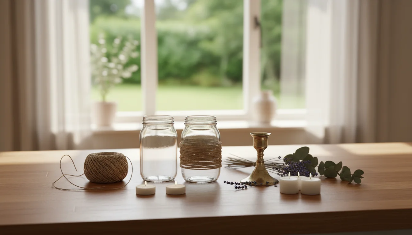 A collection of budget-friendly candle decor items including glass jars wrapped in twine, a vintage brass holder, and white votive candles on a counte
