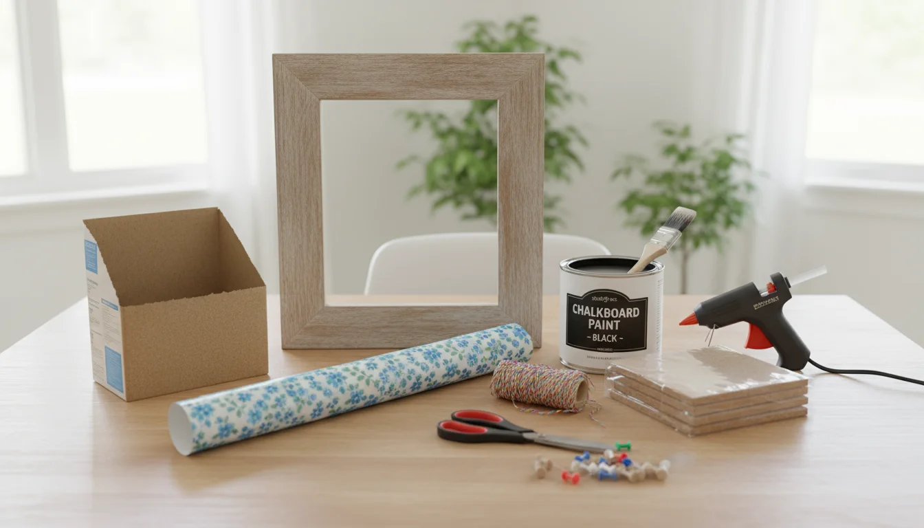 A collection of budget-friendly DIY command center materials on a wooden table, including an old picture frame, cereal box, cork tiles, paint, and met