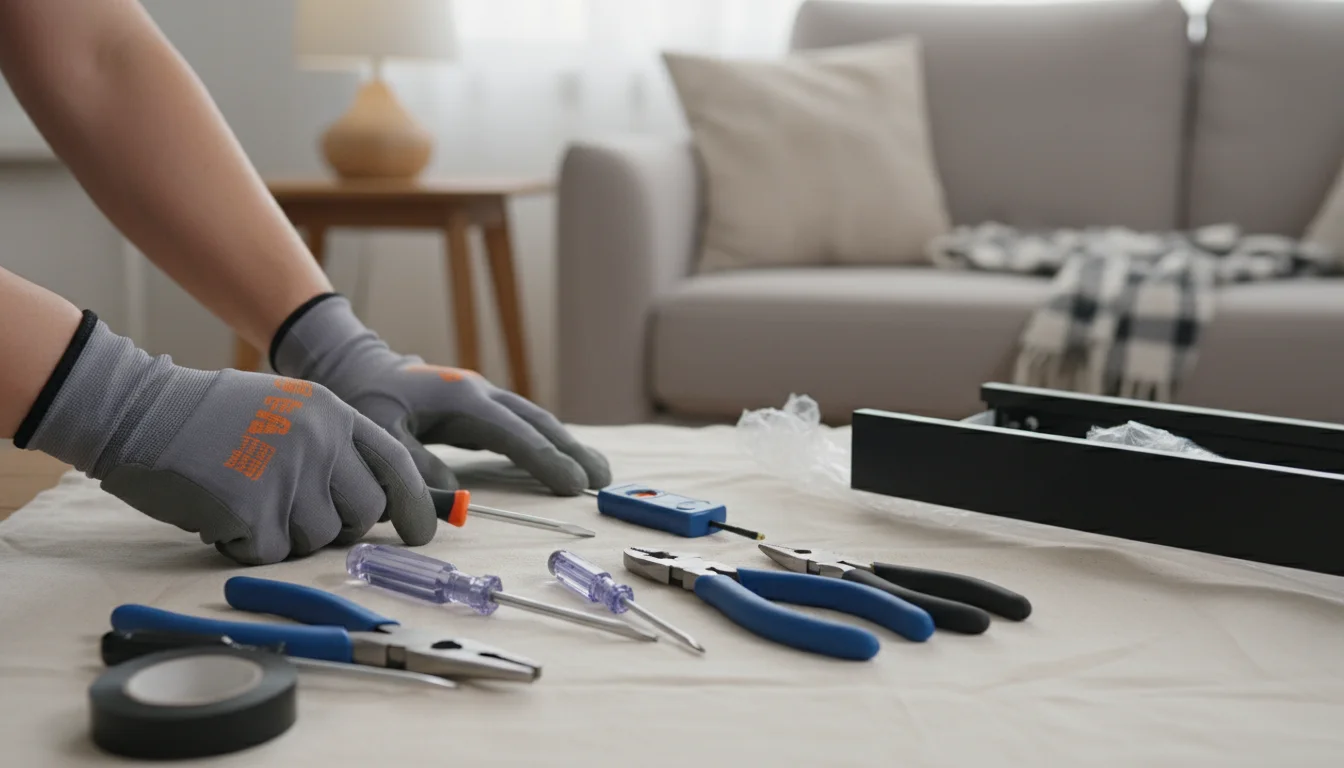 Collection of common electrical tools like screwdrivers, wire strippers, and a voltage tester laid out on a drop cloth.