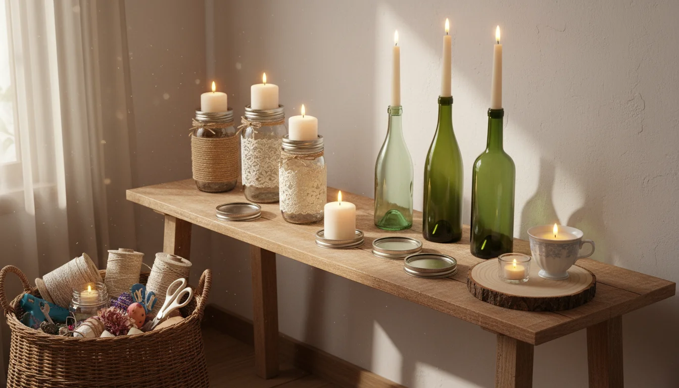Collection of DIY candle holders on a wooden table: mason jars, wine bottles, canning lids, wood slice, and a teacup.