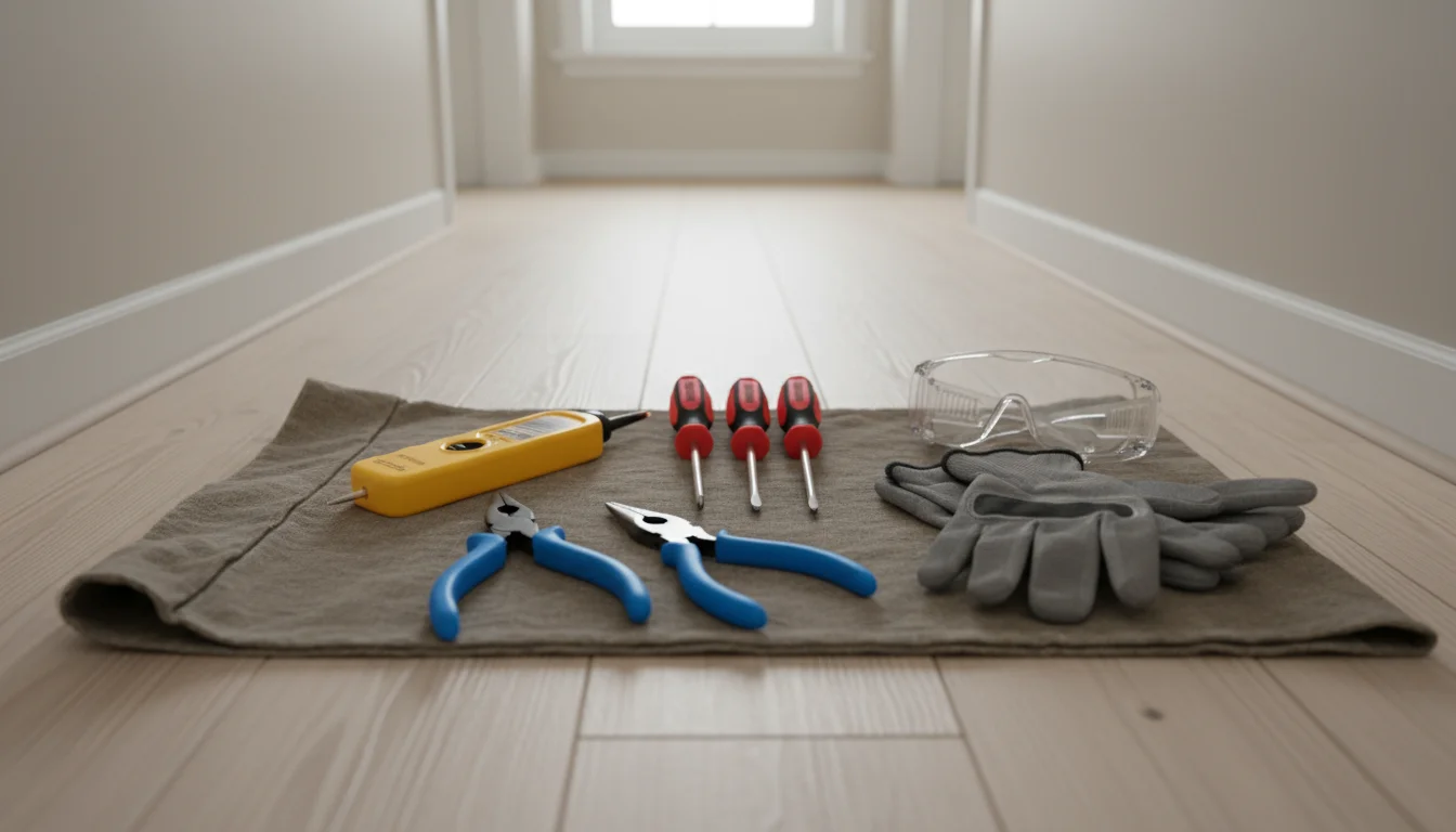 A collection of essential light fixture update tools, including a yellow voltage tester, screwdrivers, wire strippers, pliers, gloves, and safety glas