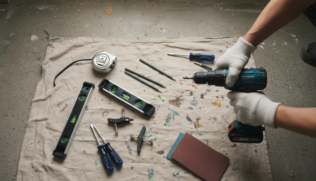 A collection of home improvement tools including a drill, measuring tape, level, and screwdrivers laid out on a canvas drop cloth. A person's hands ar