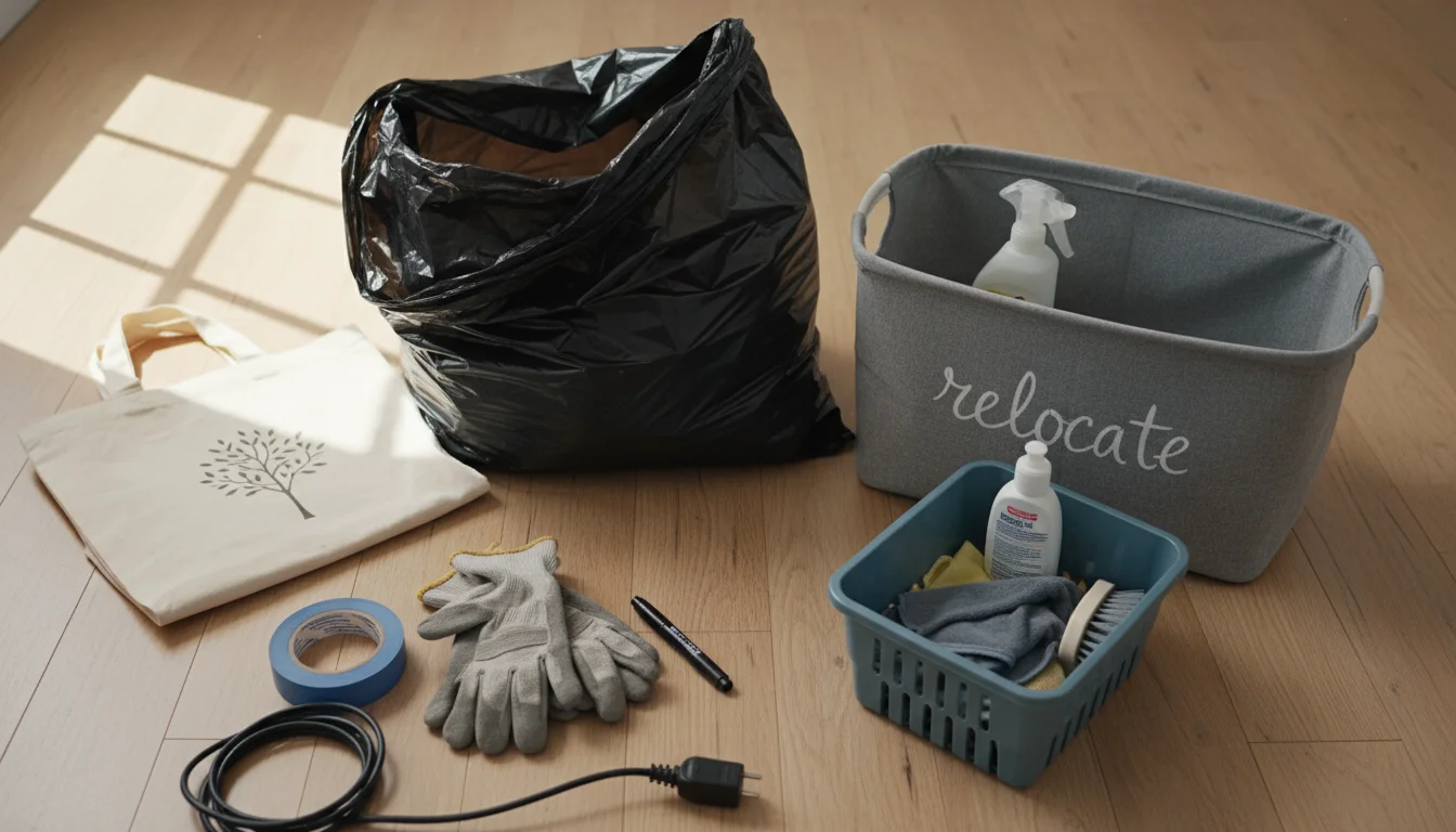 A collection of organizing tools including a trash bag, donation tote, laundry basket, cleaning supplies, and a timer on a wood floor.