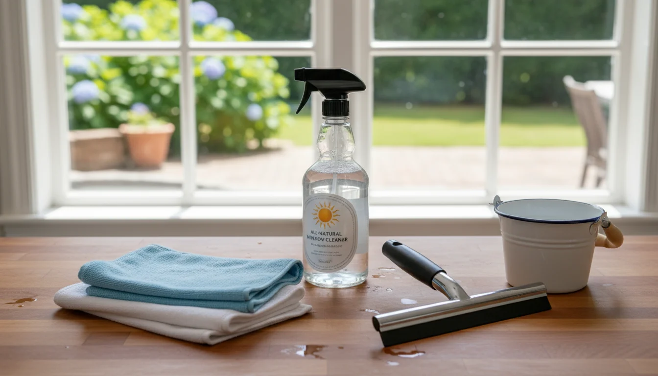 A collection of window cleaning tools, including a spray bottle, microfiber cloths, a squeegee, and a bucket, on a kitchen counter.