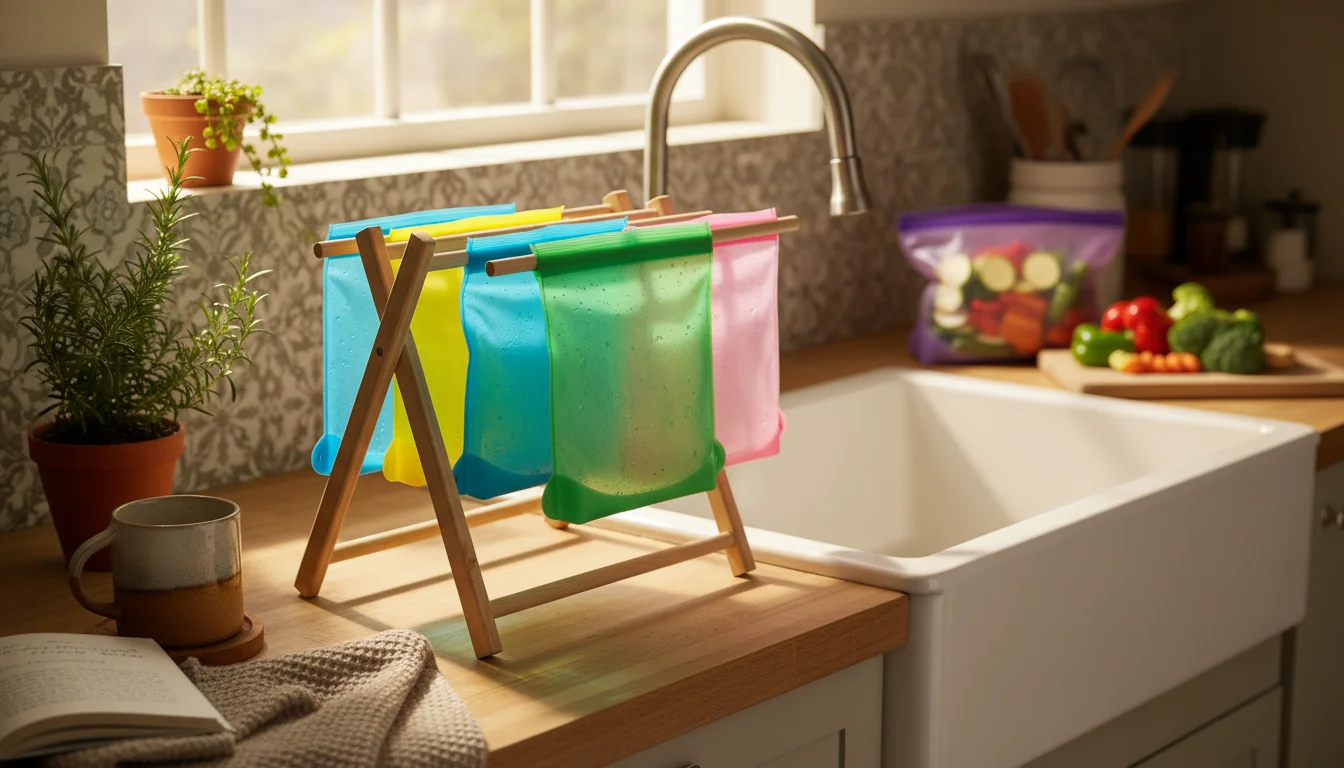 Colorful silicone food storage bags air-drying on a wooden rack next to a farmhouse sink in a sunlit kitchen.