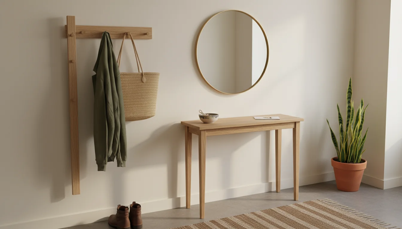 Eye-level view of a compact apartment entryway with a narrow console table, round mirror, wall hooks, and shoe mat, showing simple organization.