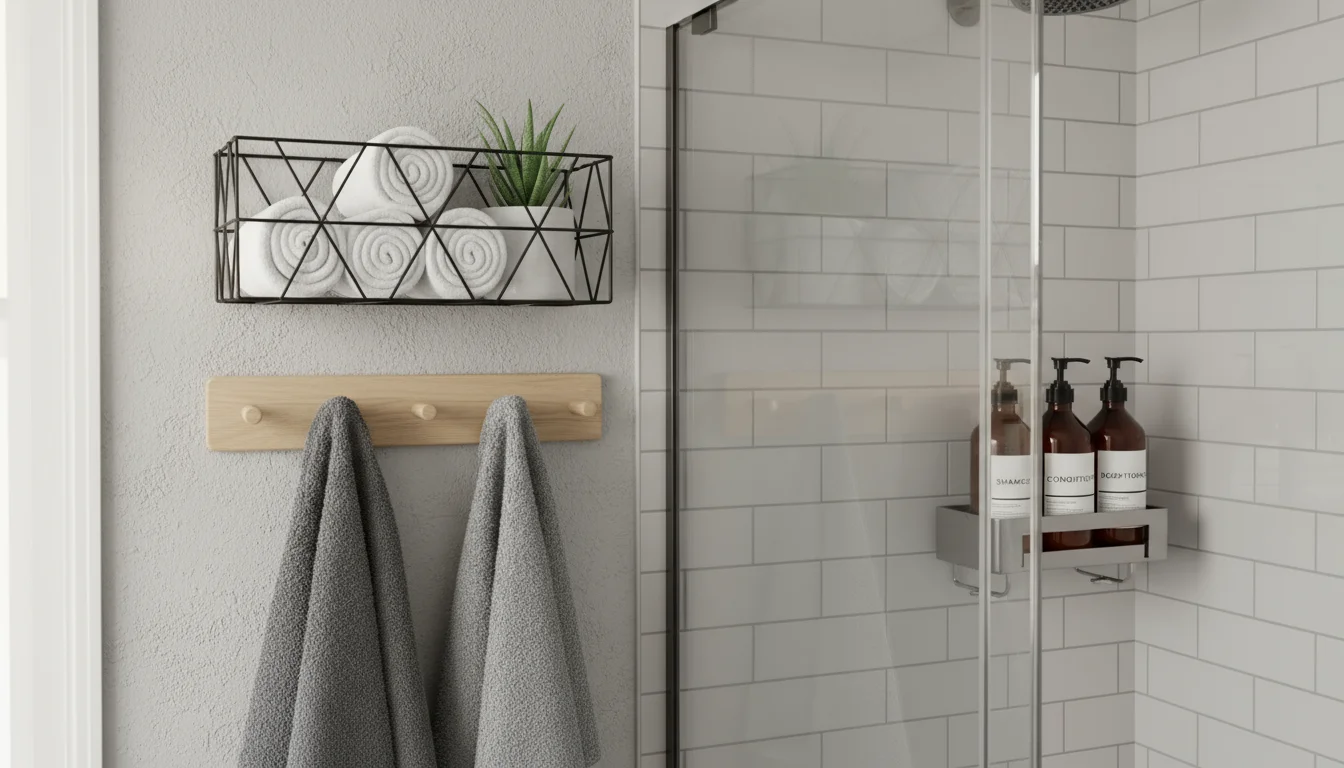 Compact bathroom wall featuring a mounted black wire basket, a wooden peg rail with towels, and a clear shower caddy.