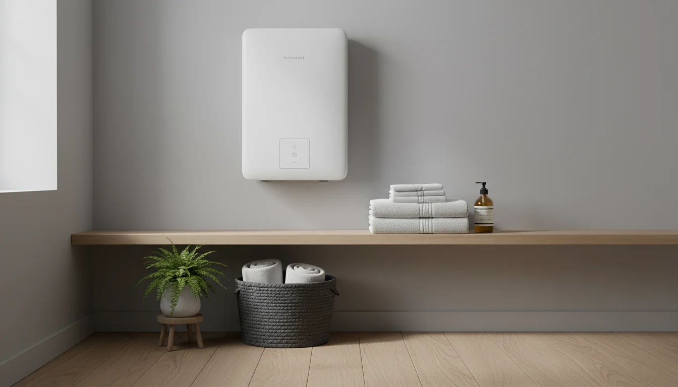 A compact, modern white tankless water heater mounted on a light gray wall above a wooden shelf with white towels and soap.