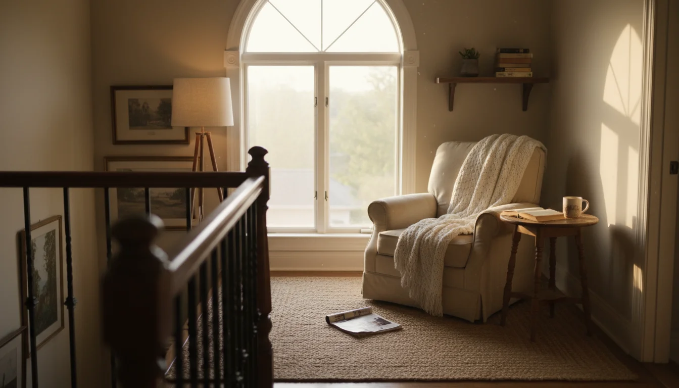 A compact reading nook on a sunlit hallway landing with a narrow armchair, throw, small table with a mug and book, and a floor lamp.