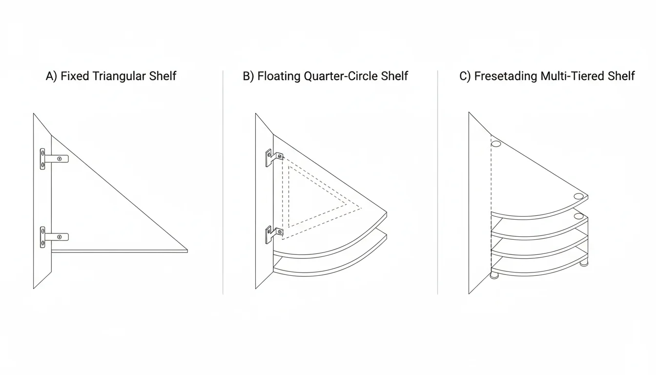 Top-down diagram comparing fixed, floating, and freestanding corner shelf installation types.