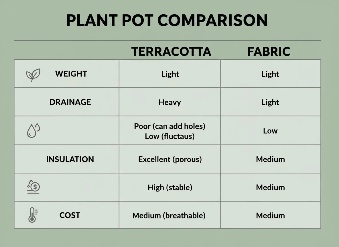 Infographic comparing plastic vs terracotta vs fabric for container gardening.