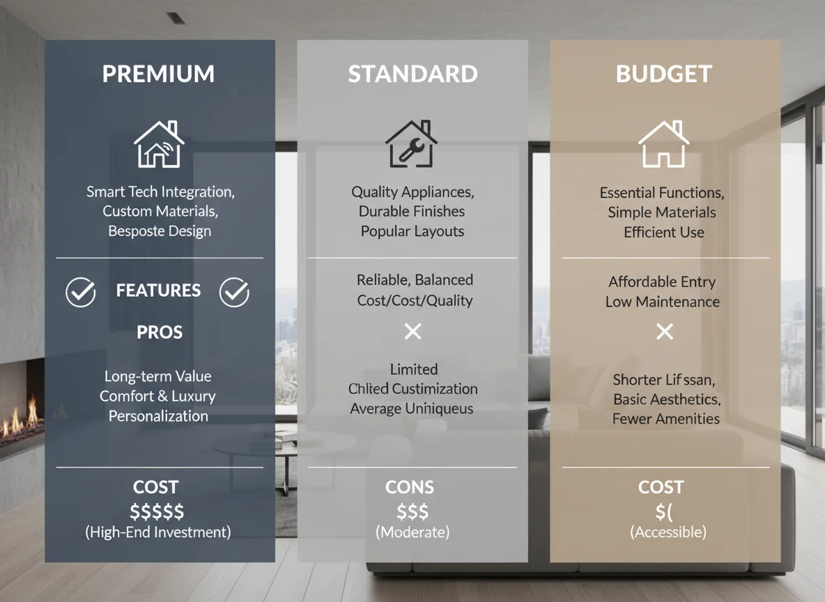 Infographic comparing premium, standard, budget with key features and costs.