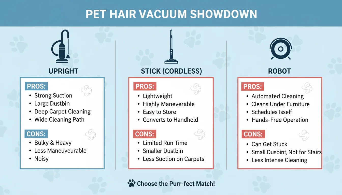 Infographic comparing Upright, Stick, and Robot vacuum types for pet hair, highlighting their pros and cons.