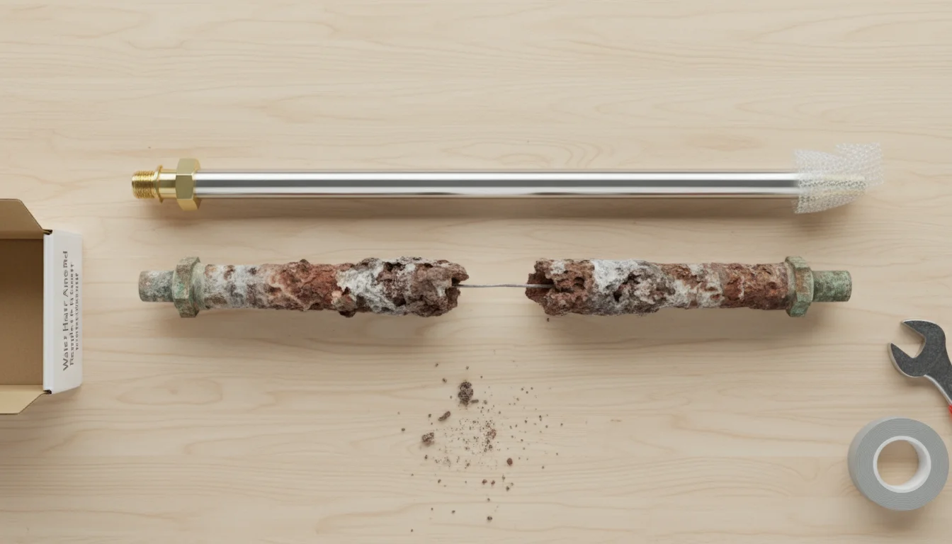 Overhead view contrasting a long, shiny new anode rod with a heavily corroded, worn-out old anode rod on a workbench.