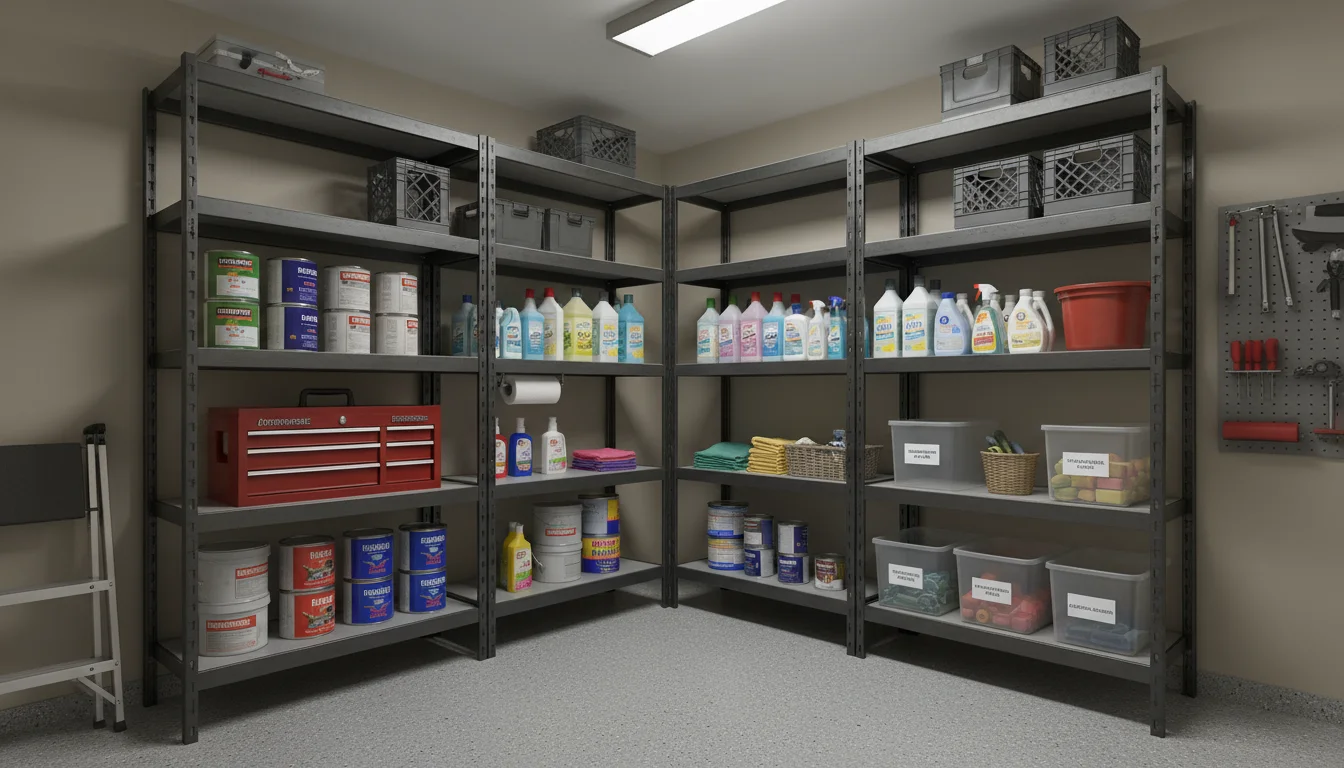 Corner of a garage with heavy-duty metal shelves holding labeled bins of tools, paint cans, and cleaning supplies.