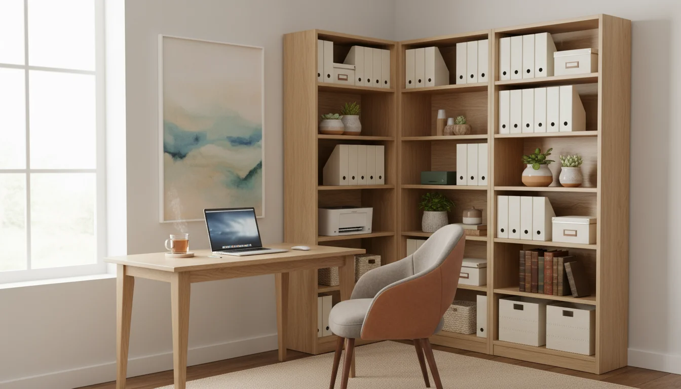 Corner of a home office with a light wood shelving unit holding binders, a printer, tech, and books, next to a clear desk.
