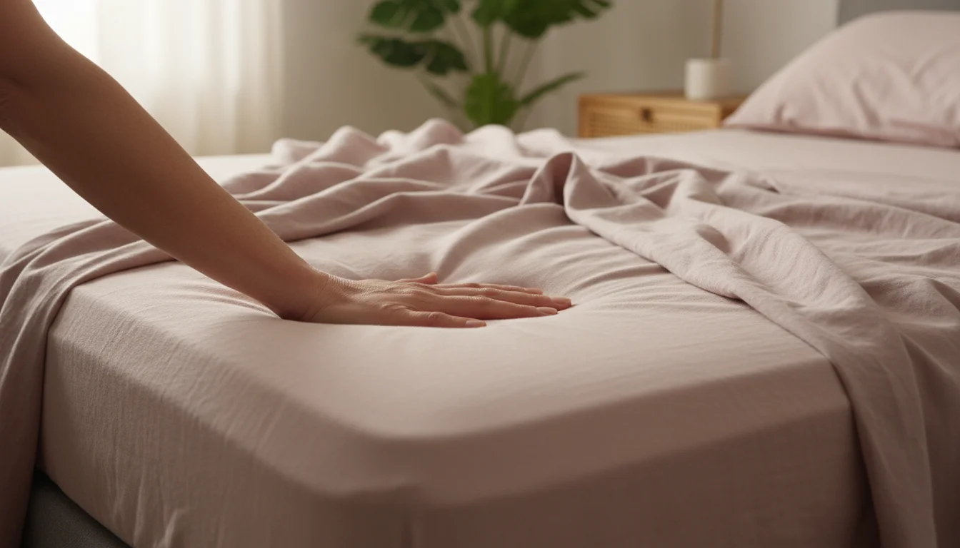 Corner of a neatly made bed with a high-end mattress and linen sheets. A hand gently rests on the mattress surface.