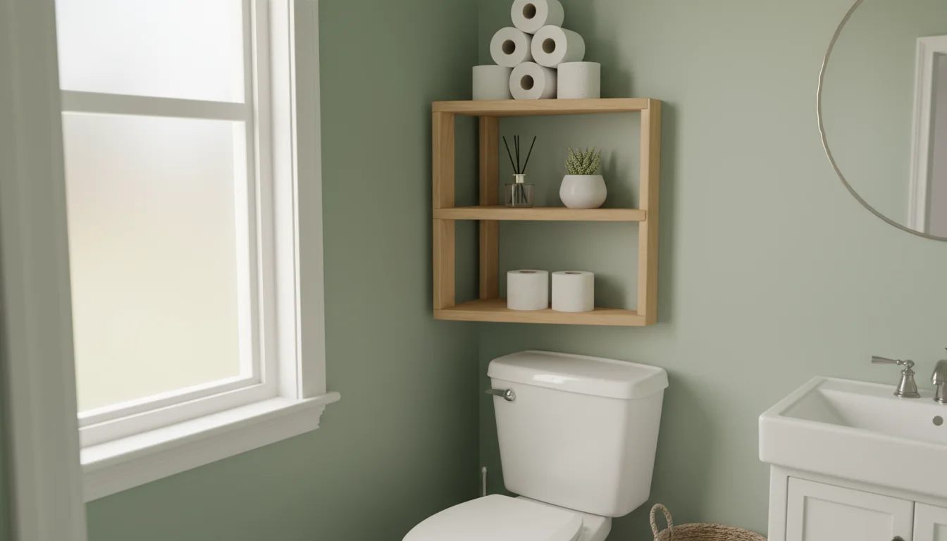 Corner shelves above a toilet hold toilet paper, a reed diffuser, and a small succulent in a practical, tidy bathroom.