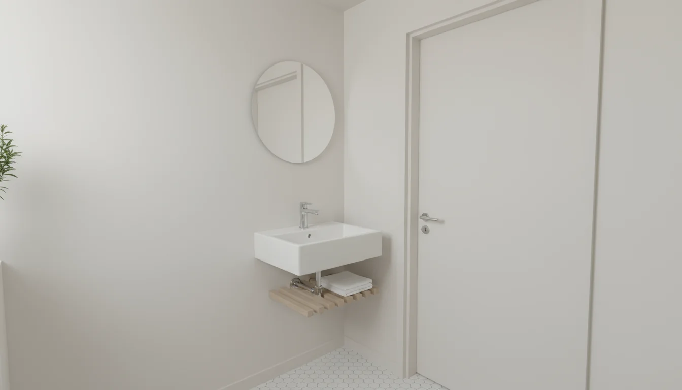Corner of a small bathroom with walls, ceiling, and door frame painted in a uniform, soft off-white. A white toilet and a small wooden shelf with whit