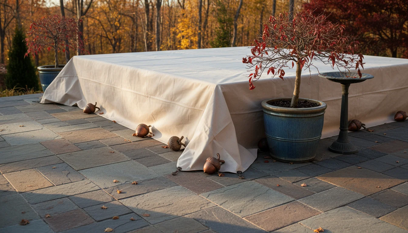 A corner of a stone patio partially covered with a light, breathable tarp, secured for winter. Bare tree branches are softly blurred in the background