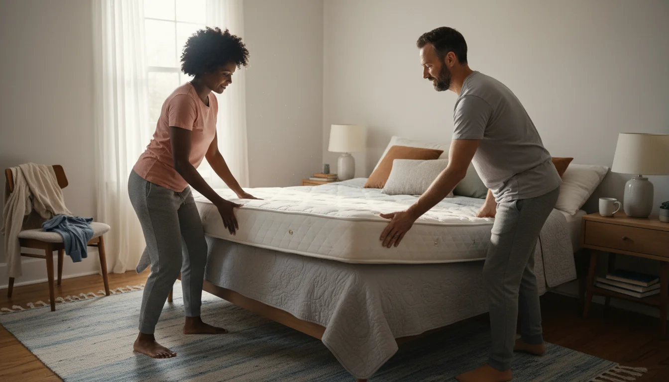 A couple in casual clothing rotating a queen-size mattress in a sunlit bedroom, working together to move it and maintain it.