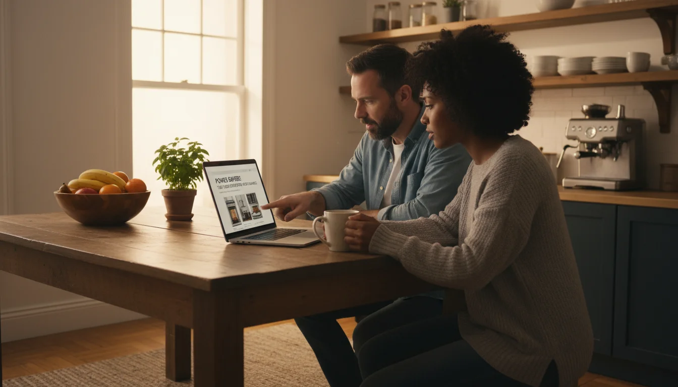 A couple discusses an article on a laptop at a kitchen island, surrounded by a warm, organized home setting.