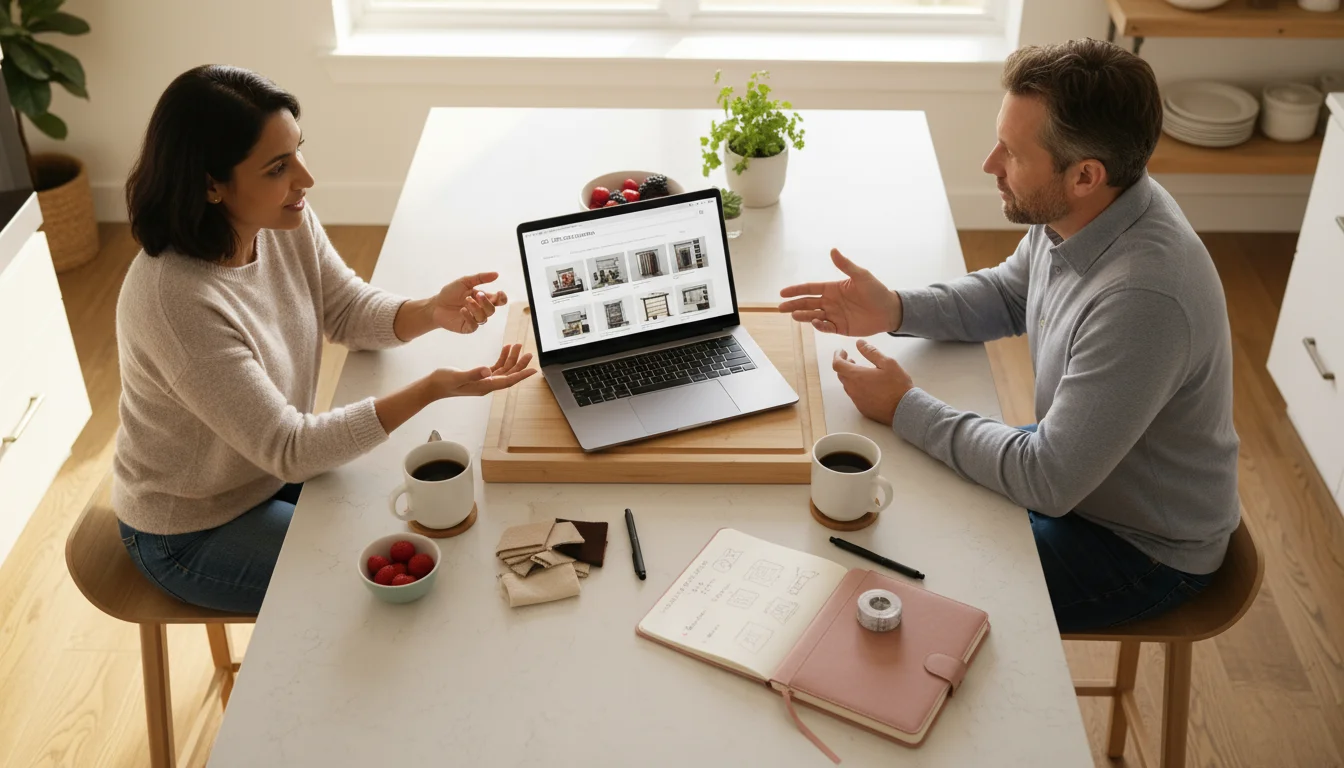 A couple discusses closet systems over a laptop and notes on a kitchen island, with a cozy throw blanket in the foreground.
