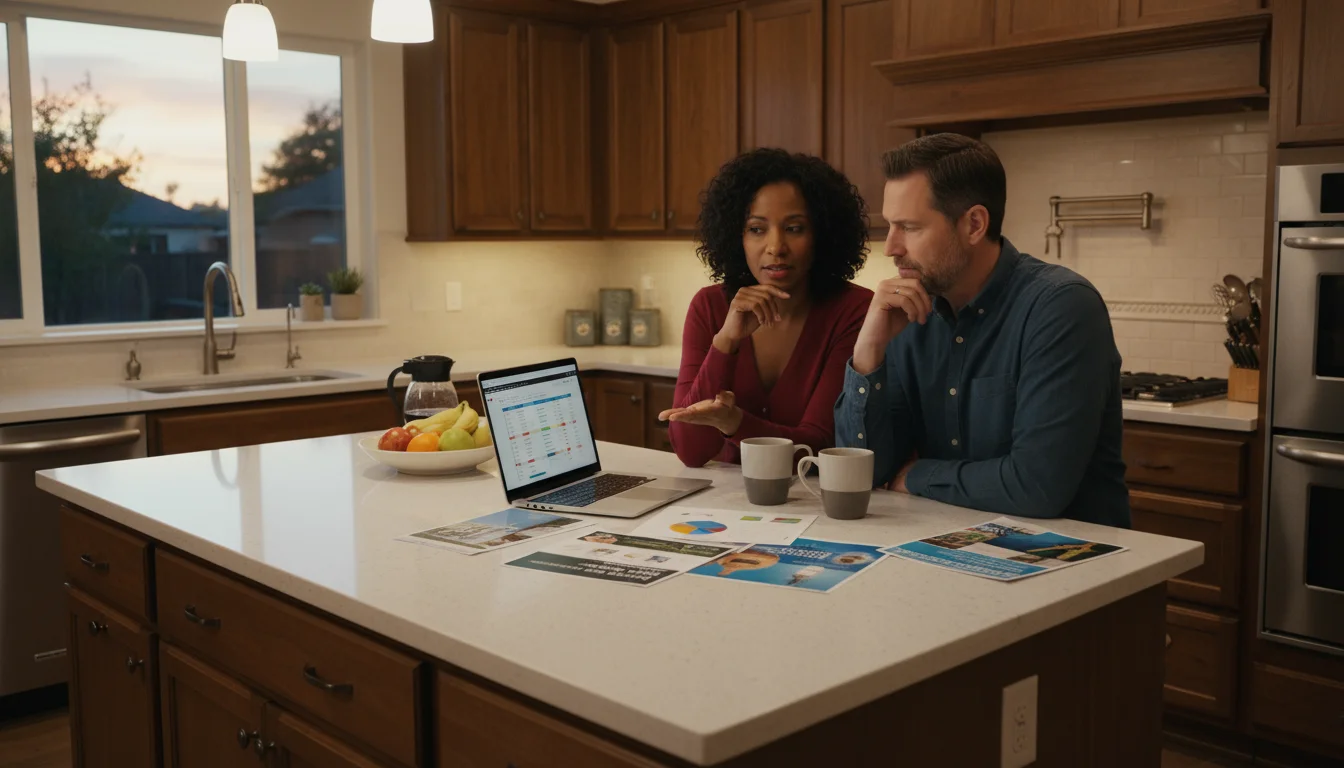 Couple at kitchen island reviewing solar panel cost estimates and incentive documents on a laptop and papers.