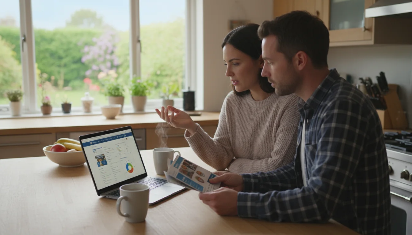 A couple at a kitchen island reviews solar panel information on a laptop and brochures, with coffee mugs nearby.