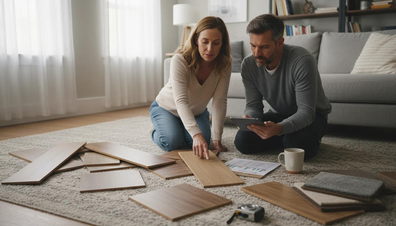 A couple on a living room floor, surrounded by laminate, LVP, and carpet samples, discussing flooring choices and a budget.