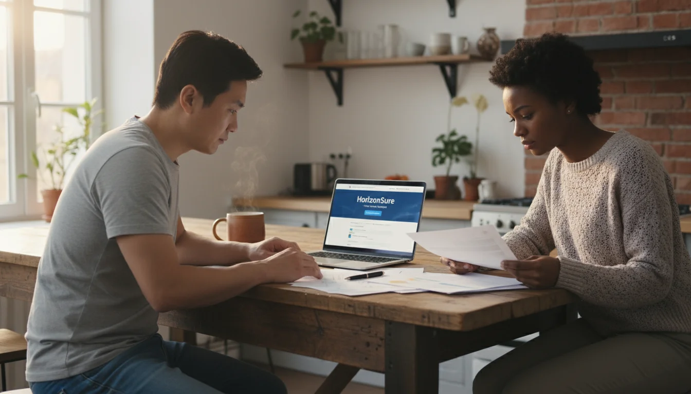 A couple reviews insurance documents and a laptop on a rustic kitchen island.