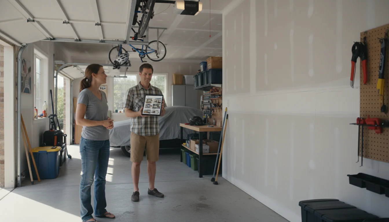A couple stands in their attached garage, looking at a bare wall, contemplating storage solutions.