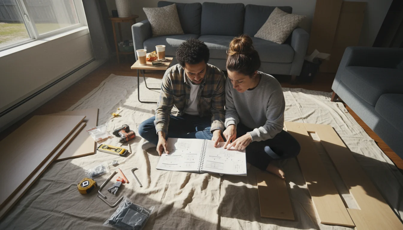 A couple studies a thick Murphy bed instruction manual on a drop cloth, surrounded by tools and flat-pack components, planning installation.
